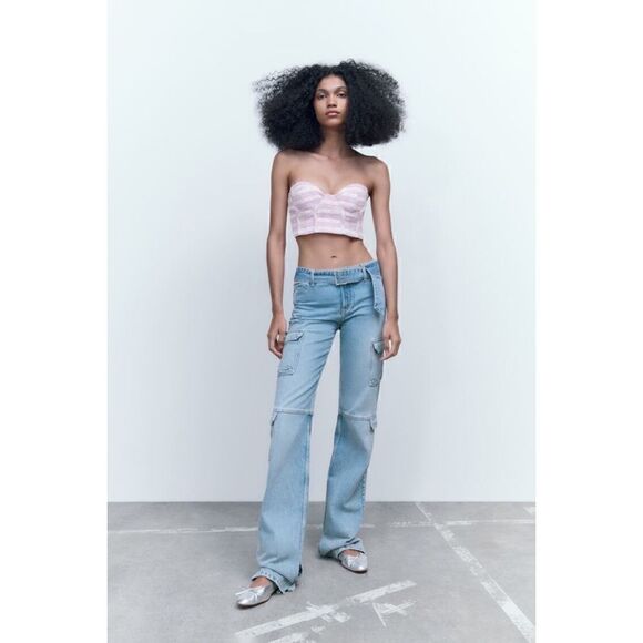 NWT Zara Pink Purple White Plaid Tweed Textured Corset Crop Top, Small - Picture 2 of 15